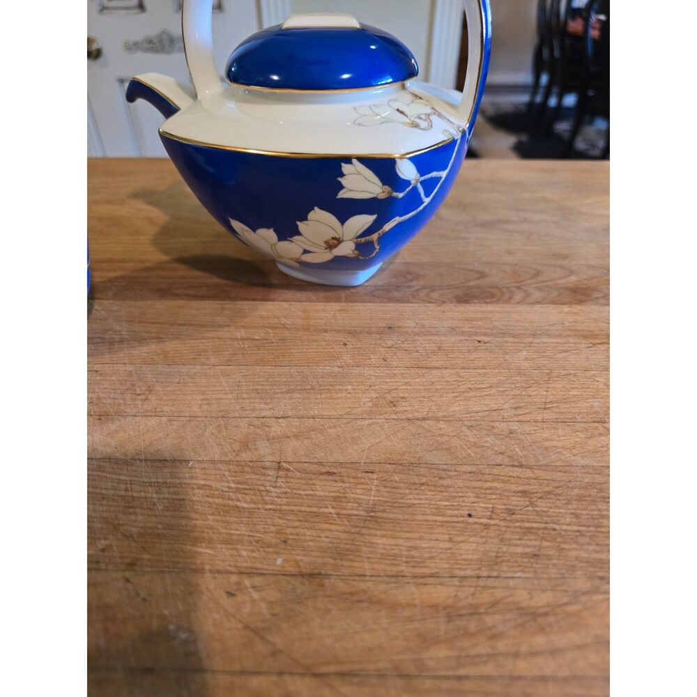 New in Box Asianera Hand Painted Bone China Cobalt Teapot and Cup Set w Box